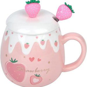 Kawaii Pink Mug,Cute Strawberry Cup With Cover Spoon,Ceramic Coffee mug